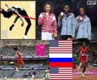 Atletizm Bayanlar uzun atlama podyum, Brittney Reese (ABD), Elena Sokolova (Rusya) ve Janay Deloach (ABD), Londra 2012